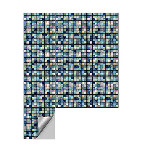 Hiser 10pcs Kitchen Bathroom Wall Tile Stickers, DIY Square Decals Creative Metal Mosaic Style Sticker for Kitchen Living Room Bathroom Home Decor Self-Adhesive (blue,20cm x 20cm)