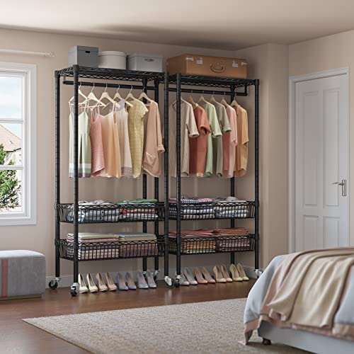 Vipek X20 Rolling Garment Rack Adjustable Wire Clothing Rack Portable Closet Rack With Hanging Rod Metal Basket Heavy Duty Clothes Drying Rack Laundry Sorter Cart Bathroom Storage Shelves, Black #TOP4