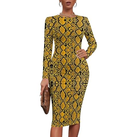 CYXKISS Long Sleeve Midi Dress for Women Bodycon Sexy Pattern Crew Neck Flower Print Club Party Pencil Date Night Dresses Yellow Black Cover