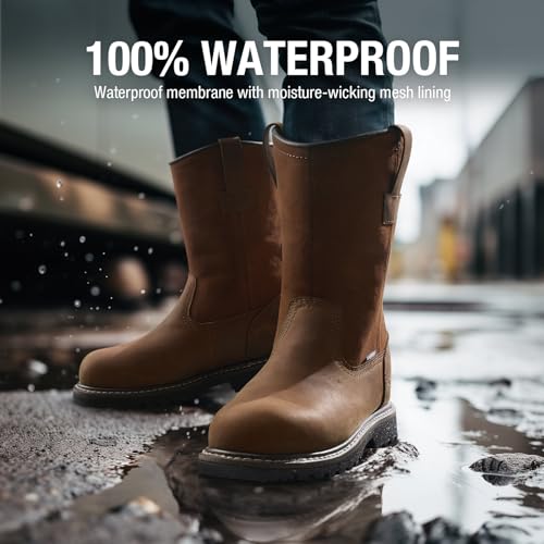 Image of HISEA NINGO Steel Toe Work Boots for Men, Waterproof Wellington Boots | Full-Grain Leather Steel Toe Boots Slip-on, Goodyear Welt, Slip Resistant, EH Protection, for Construction Farming Welding
