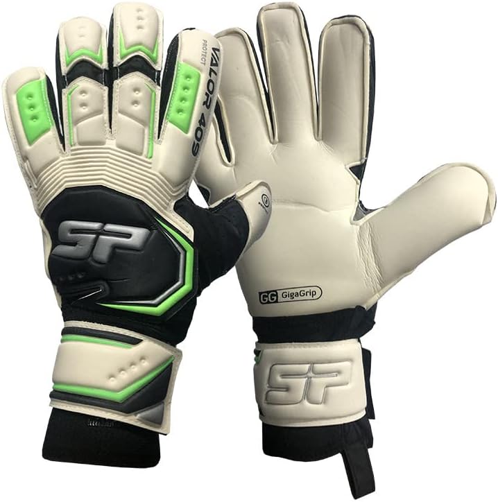 SP Valor 409 - Guantes de portero de fútbol, GigaGrip de 0.138 pulgadas + espuma de 0.157 pulgadas para un rendimiento óptimo, vienen con espinas
