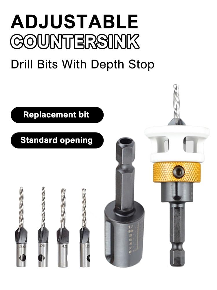 4-in-1 Countersink Drill Bits Set with Depth Stop - Shank Woodworking Countersink Router Bit with 4 Replaceable Drill Bits(10mm)