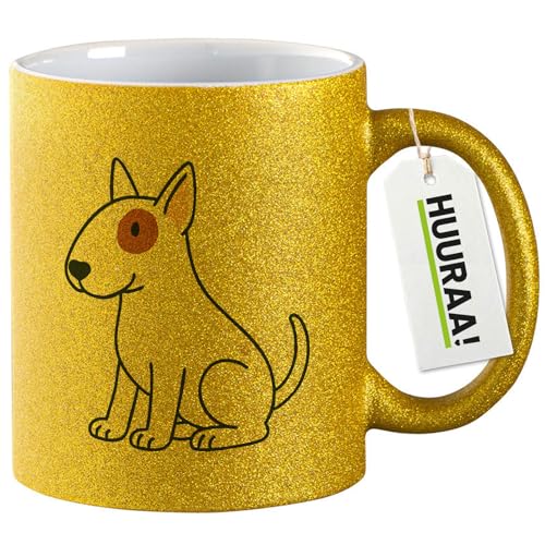 Huuraa Glitzer Kaffeetasse Bullterrier Comic Bulli Geschenk 330ml Gold Bullterrier Geschenkidee
