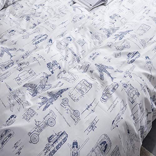 Houseri White And Blue Comforter Set Queen For Teen Boys Full Size Comforter Set Kids Helicopter Aircraft Comforter Bedding Sets Queen Truck Tank Cars Comforter Vehicle Cartoon Bedding 3 Piece #TOP3