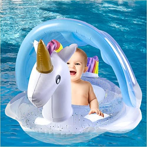 Luvier Free Baby Swimming Ring Float with Sun Protection Canopy,Unicorn Shape Inflatable Baby Swimming Pool Float for Infant Toddlers,Summer Swimming Pool Toys (Blue)