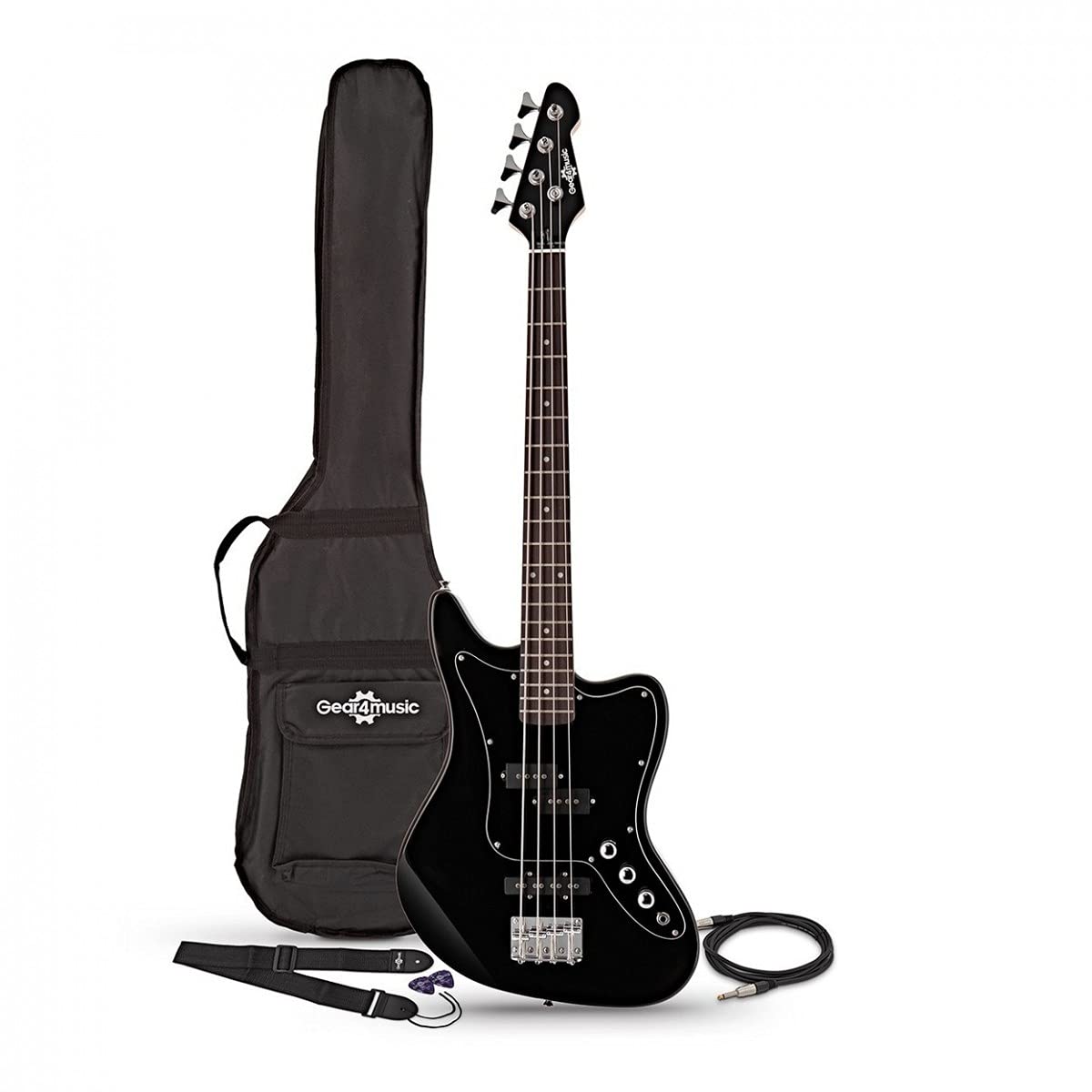 Guitarra baja de escala corta con accesorios - Seattle de Gear4music | Pastillas estilo PJ para un tono nítido y contundente, mástil más corto para mayor comodidad, cable, funda y correa incluidos