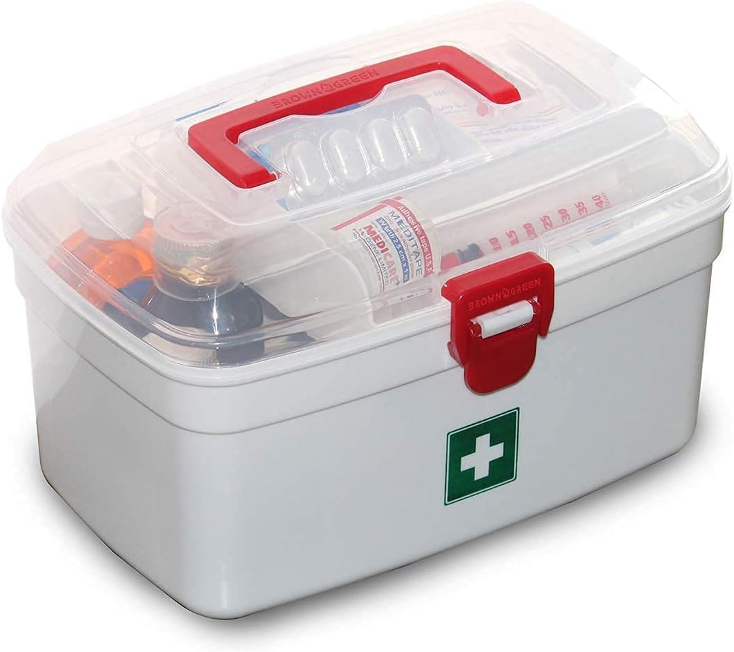 TRIVESH Plastic Rectangular Medicine Box, Medical Box, First aid Box, Multi Purpose Box, Multi Utility Storage with Handle (White & Red)