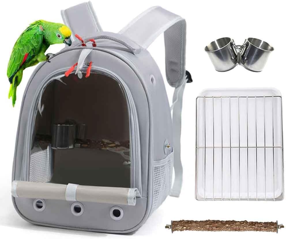 Bird-Traval-Carrier-Cage-Multi-Vent-Holes-Clear-Space-Capsule-Astronaut-Backpack-to-Carry-Parakeet-Cockatiel-Parrot-with-Metal-Tray-Wood-Perch-Vet-Transport-Book-Bag-Grey Bird Traval Carrier Cage, Multi Vent Holes Clear Space Capsule Astronaut Backpack to Carry Parakeet Cockatiel Parrot with Metal Tray Wood Perch, Vet Transport Book Bag (Grey) - Image 1