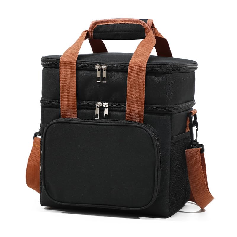 FPKOMD Lunch Box for Men Women Double Deck Lunch Bag 12L Large Insulated Soft Cooler Bag Waterproof Reusable Cooler Lunch Bag Double Deck Lunch Bag for Adults for Work Picnic Travel Camping. (black)