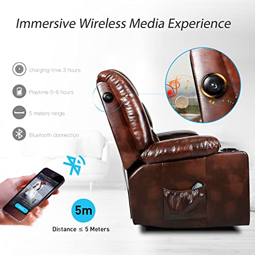 Comhoma Massage Recliner Chair With Speaker Pu Leather Home Theater Recliner Chair With Heat Rocker Recliner With Heated Massage Ergonomic Lounge Swivel Cup Holder For Living Room Brown #TOP5