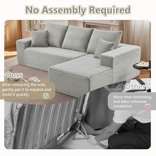 Image of 107 inch Cloud Sectional Couch with L-Shape Chaise, Modern Modular Comfy Sofa Chaise Longue, Upholstered Corduroy Couches Sleeper with Deep Seat for Living Room Bedroom, No Assembly Required, Grey