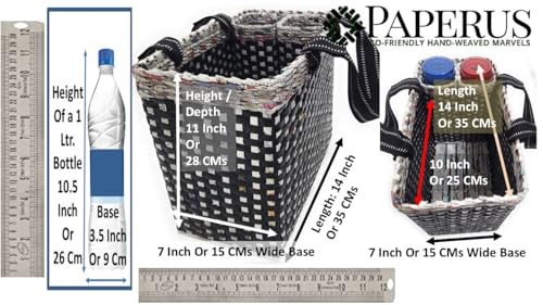 Image of Paperus, Black Check, Large, Lunch Bag with 2 Water Bottle Holders, Picnic Basket, Travel Bag, Eco-Friendly, Handmade, of Paper Ropes, Length 14 inch, Height 11 inch & 7 Inch Broad Base