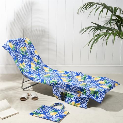 Brentfords Sun Lounger Towels with Pockets, Soft Quick-Dry Absorbent Large Beach Towel in a Bag Lightweight Lounger Towels For Travel Poolside or Beach Days, 75 x 215cm - Lemon Tile