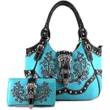 Justin West Tooled Laser Cut Leather Floral Embroidery Rhinestone Buckle Studded Shoulder Concealed Carry Tote Style Handbag Purse (Turquoise Purse and Wallet Set)