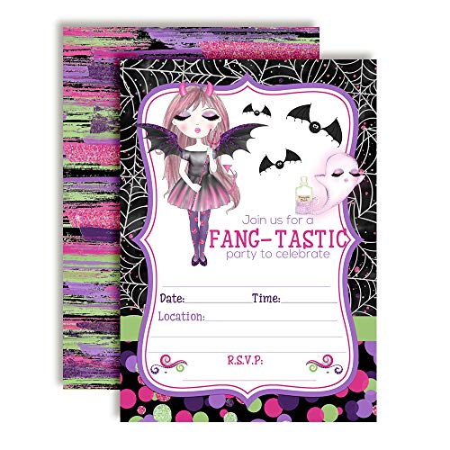 Fang-tastic Vampire Girl Halloween Birthday Party Invitations, 20 5x7 Fill In Cards with Twenty White Envelopes by AmandaCreation