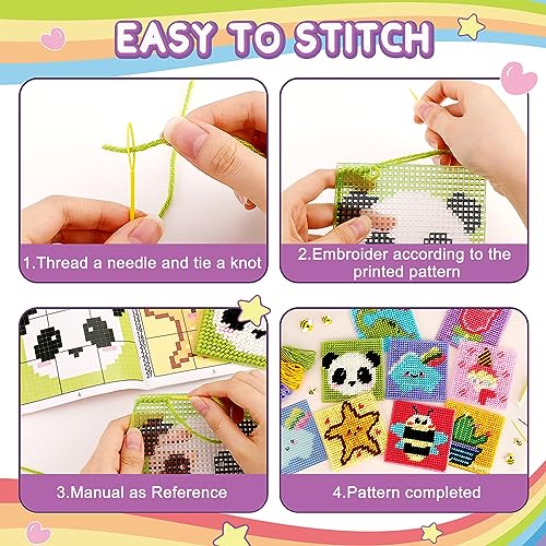 Caydo 8-in-1 Cross Stitch Kit for Beginners Kids Includes 8 PCS Plastic Canvas with Pre-Patterns, 13 Colors Threads - Image 4