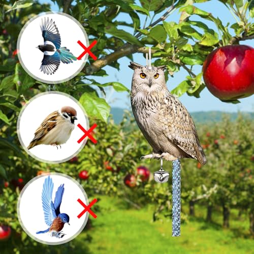 Búho espantapájaros de jardín impermeable con cinta disuasoria y campana pack de 2 piezas 5