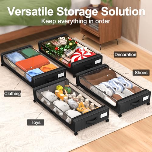 Image of GoMaihe Under Bed Storage with Wheels: 48L Underbed Storage Containers with Clear Lids - Rolling Drawers & Bins for Shoes Clothes in Dorm Bedroom - Space-Saving Easy Pull-out Black 2-Pack