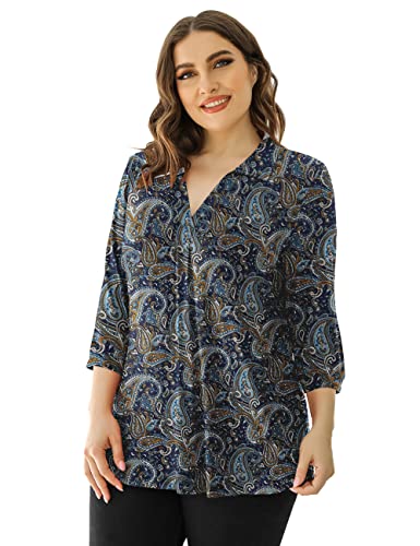 Redhotype Womens Plus Size Tops 3/4 Sleeve Shirts Collared V Neck Blouses Casual Work Tunic Tops,Blue Print,2X #TOP1