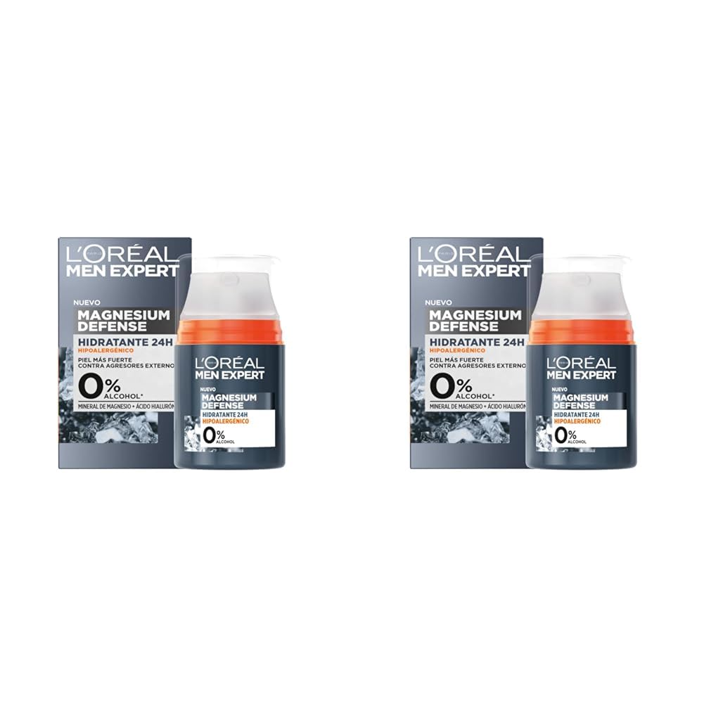 L'Oréal Men Expert, Crema Facial Hidratante 24H Para Hombre, Hipoalergénica Mineral de Magnesio + Ácido Hialurónico, Sin alcohol, Pieles Sensibles, 50 ml (Paquete de 2)