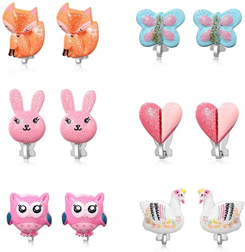 PowerKing Boucle d'oreille de Filles, Bijoux de Filles Habiller Clip sur Boucles d'oreilles et Jeu de Boucles d'oreilles Princesse pour Enfants, 6 Paires (Boucle d'oreille Papillon)