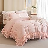 Masaca Blush Pink Comforter Set Queen,Farmhouse Shabby Boho Chic Comforter,Vintage Rustic Soft Microfiber Down Alternative Bedding Comforter Set 3PCS(1 Ruffled Comforter and 2 Pillowcases)
