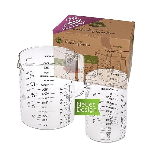 TreeBox Taza medidora de vidrio con pico – 2 piezas – Resistente al calor y apto para microondas – Diferentes unidades de medida – Perfecto para hornear, cocinar y mezclar