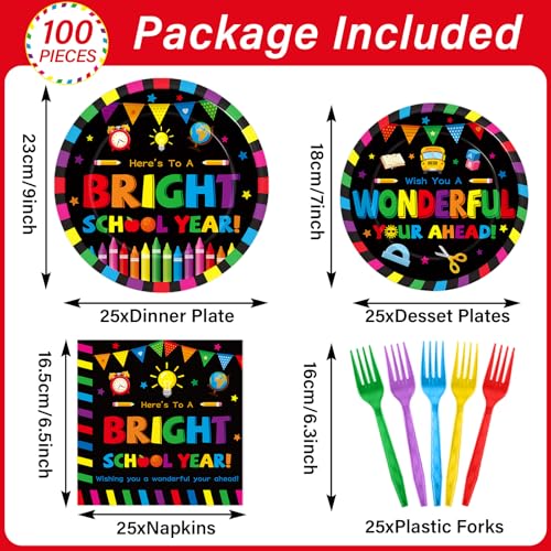 Image of 100PCS Back To School Decorations School Season Supplies Paper Plates Napkins Disposable Black Bottom Colorful Pattern Tableware Dinnerware for Student Birthday Picnic First Day of School Serves 25