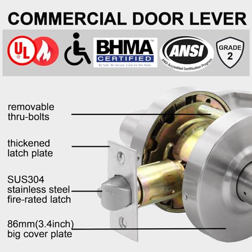 Image of Keyed Entry Commercial Door Lock for Office Heavy Duty Grade 2 Lever | 2-3 /4''Backset, Non-Handed, UL 3 Hour Fire Rated, ADA Compliant, Satin Chrome Finish 26D, X-XG-ET-70