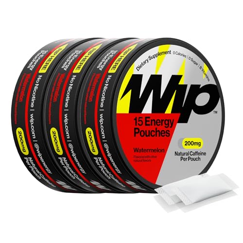 Image of Wip Caffeine Pouches, Watermelon, 200mg, 3 Pack (45 Pouches) | Zero Sugar Energy Pouches with No Nicotine, Natural Caffeine, B Vitamins & L-Theanine for Convenient Energy On-The-Go