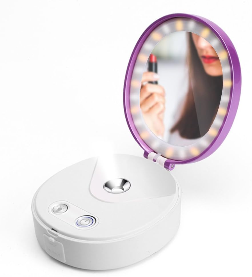 Wanery Portable Lighted Make Up HD Mirror, Nano Cool Mist Spray Mineral Water Meter Facial Moisturizing Hydrating Atomization Humidifier Face Steamer, Emergency Power Charger Beauty Instrument Purple