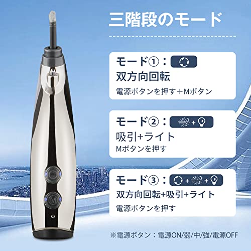 IFEND 電動耳かき 吸引式 振動 回転式 速度三段階調整 LEDライト付き モード三段階 耳専用掃除機 耳すっきりクリーナー USB充電式 父の日 母の日 収納ケース付き 日本語取扱説明書 (シルバーグレー)