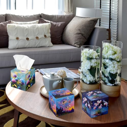 Image of Fourluoo 12 Pack Purple Flowers Facial Tissues Cube Boxes 600 Sheets 3 Ply | Square Face Tissue Cube Boxes for Car Bedroom, Purple Lavender Wisteria Floral Designs, Soft Bulk for Christmas Spring Home