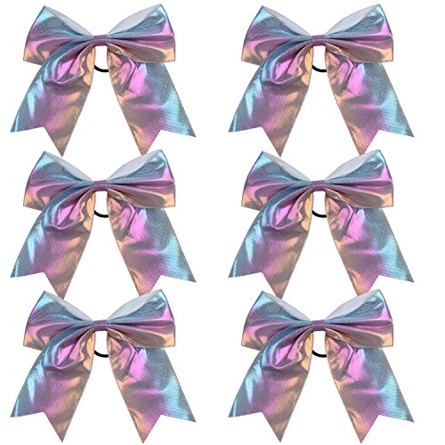 Metallic Sequin And Holographic 8 Inch Cheer Bow Cheerleader Cheerleading Jumbo Cheer Bow Hair Tie(White Holographic) #TOP5