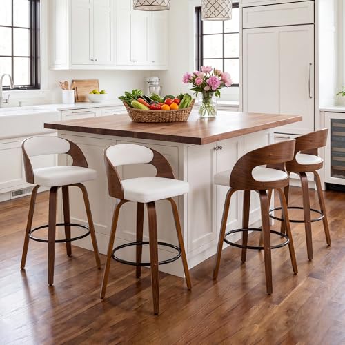 Image of AQG Swivel Bar stools Set of 4 Bar Chairs 26 inch Counter Height Mid-Century Modern Bentwood Barstool PU Leather Upholstered Bar Chair with Back and Footrest, for Bar, Cafe, Dining, Kitchen Island, White