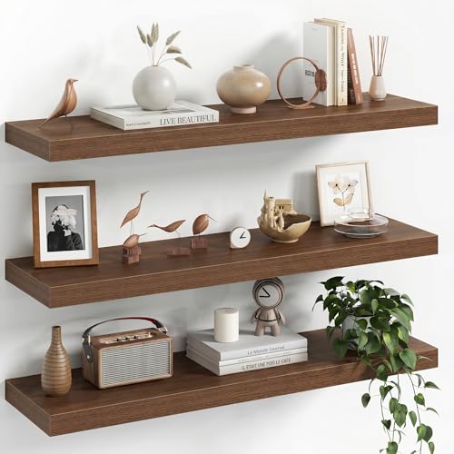 Image of Fun Memories 30Inch Floating Shelves for Wall, 8 Inch Deep Shelves for Bathroom|Bedroom|Kitchen Wall Mounted, Wood Hanging Shelf with Invisible Brackets for Home Storage Decor, Walnut - 3 Pack