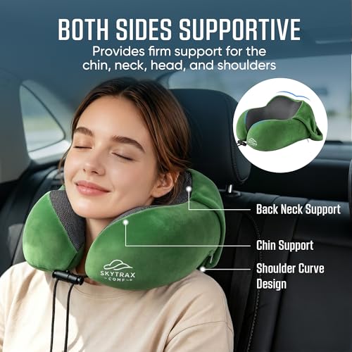 Image of SkytraxComf Travel Neck Pillow with Hood for Privacy on Long Flights | Memory Foam | Airplane Sleep | Safety-Tested Materials | Extra Large Hood | Chin Support | Earplugs | Washable Cover