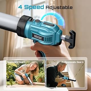 SEESII Silicone Sealant Gun with 2x2000mAh-Batteries, 21V Electric Caulking Gun with LED Light, 4 Adjustable Speeds, Auto Retract for Filling and Sealing