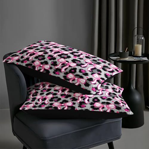 Image of AILONEN Coquette Leopard Comforter Queen 3 Piece Hot Pink Bow Bedding Set Soft Microfiber Quilted Duvet Alternative Master Bedroom Decor Stylish Grey Blanket 2 Cases