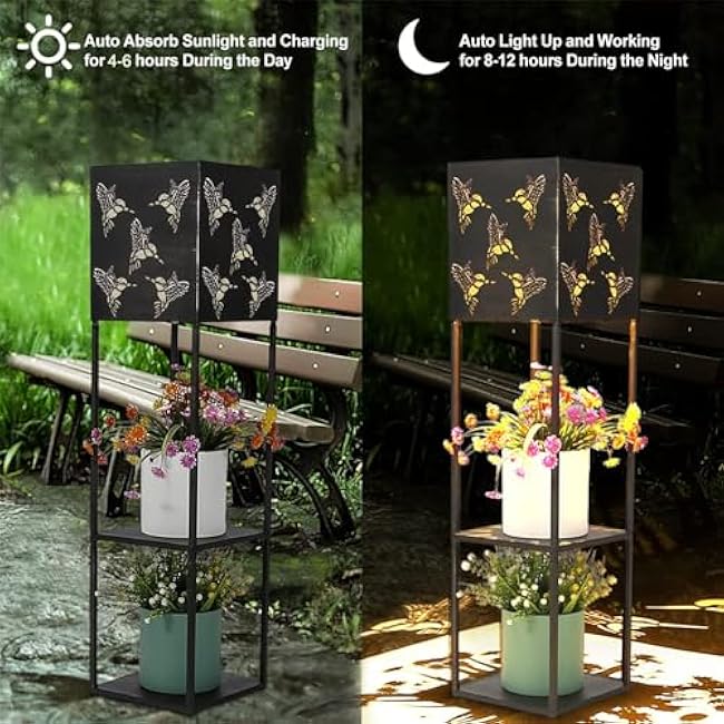 Large Solar Lanterns Outdoor Waterproof - 31inch Tall Lantern Decorative Hummingbird Projection Lights with 2 Tier Plant-Stand, Premium Metal, Solar Outdoor Lanterns for Patio Garden Yard Lawn Decor