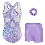 Zaclotre Gymnastics Leotards for Girls Sparkly Hollow Back Dance Unitards Biketards with Shorts Activewear 6-7 Years