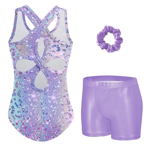 Arshiner Gymnastikanzug Mädchen 3-teiliges Turnanzug-Set mit Shorts und Haargummi ärmellos mit Cut-out-Rücken und Glitzer für Kinder 10-11 Jahre