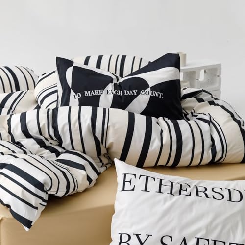 Image of KAREVER Striped Comforter Set Full Black and White Comforter Men Women Modern Chic Stripes Bed Comforters Beige Black Striped Full Ticking Bedding Comforter Set All Season Hotel Quality Bed Set
