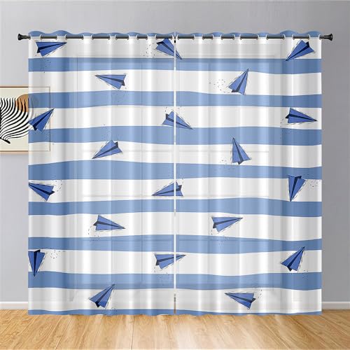 Mateju Cortinas Salon Modernas 2 Piezas,Cortinas Dormitorio y Visillo Cocina con Estampado de Avión de Papel para Salon, Habitacion y Comedor (Blanco y Azul,140An x 275Al cm)