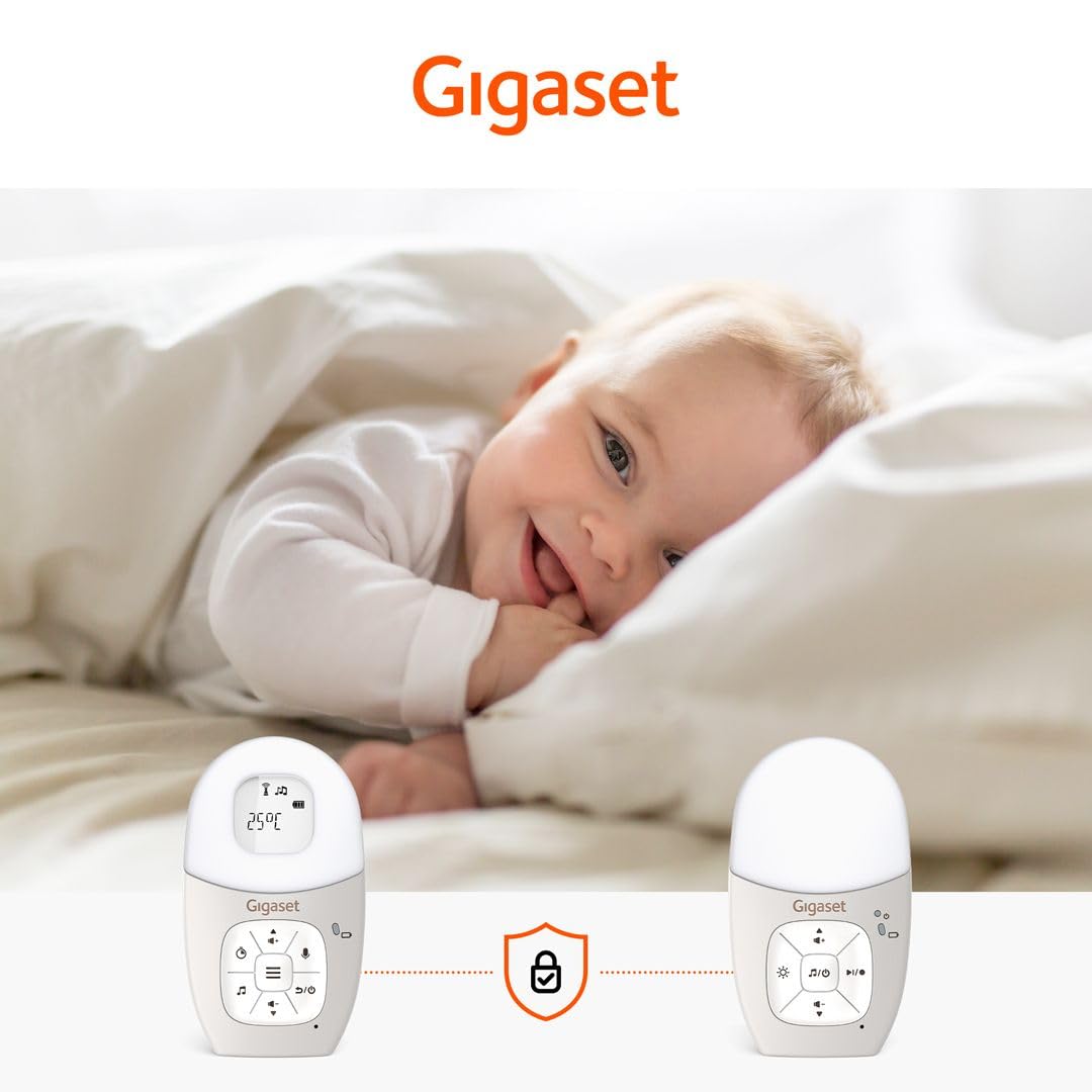 Gigaset Baby 100 Audio Vigilabebés, DECT, Alcance 300 m, Warm Grey | Comunicación bidireccional, temporizador alimentación, luz nocturna, [Versión Española]