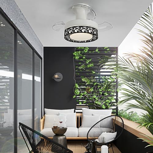 Ventilatore da soffitto con pale retrattili e luce, dotato di telecomando - Ventilatore a LED DC silenzioso a 6 velocità, piccolo, ideale per camera da letto, dimmerabile tramite app, con funzione re