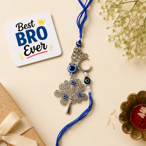 Image of eCraftIndia Designer Evil Eye Tree of Life & Moon Bhaiya Bhabhi Rakhi with Best Bro Ever Fridge Magnet, Blue Nazar Rakhi Set for Brother & Bhabhi, Raksha Bandhan Gift with Roli Chawal