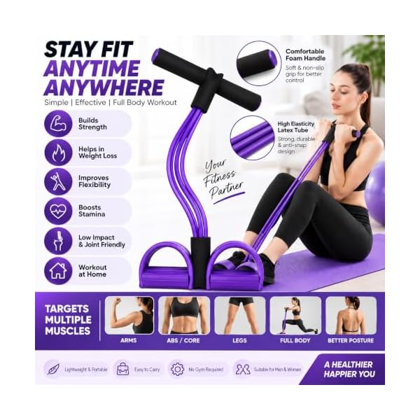 4-Tube Resistance Band Tummy Trimmer with Foot Pedal – Multi-Function Home Workout Equipment for Abs, Arms, Legs and Shoulders with Non-Slip Pedals for Daily Fitness Training - Image 5