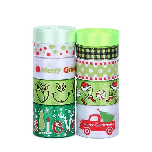 Meseey Red & Green Satin Ribbon - 10 Rolls, 50 Yards - Christmas Craft & Decorative Ribbon for Wreaths, Bows & DIY Crafts