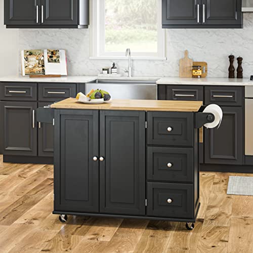 Homestyles Dolly Madison Kitchen Cart With Wood Top And Drop Leaf Breakfast Bar, Rolling Mobile Kitchen Island With Storage And Towel Rack, 54 Inch Width, Black #TOP1